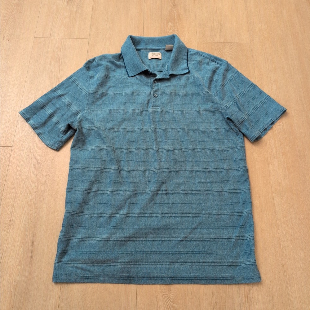 Hudson River Heritage Classics Mens Blue Textured Stripe Short Sleeve Polo Shirt